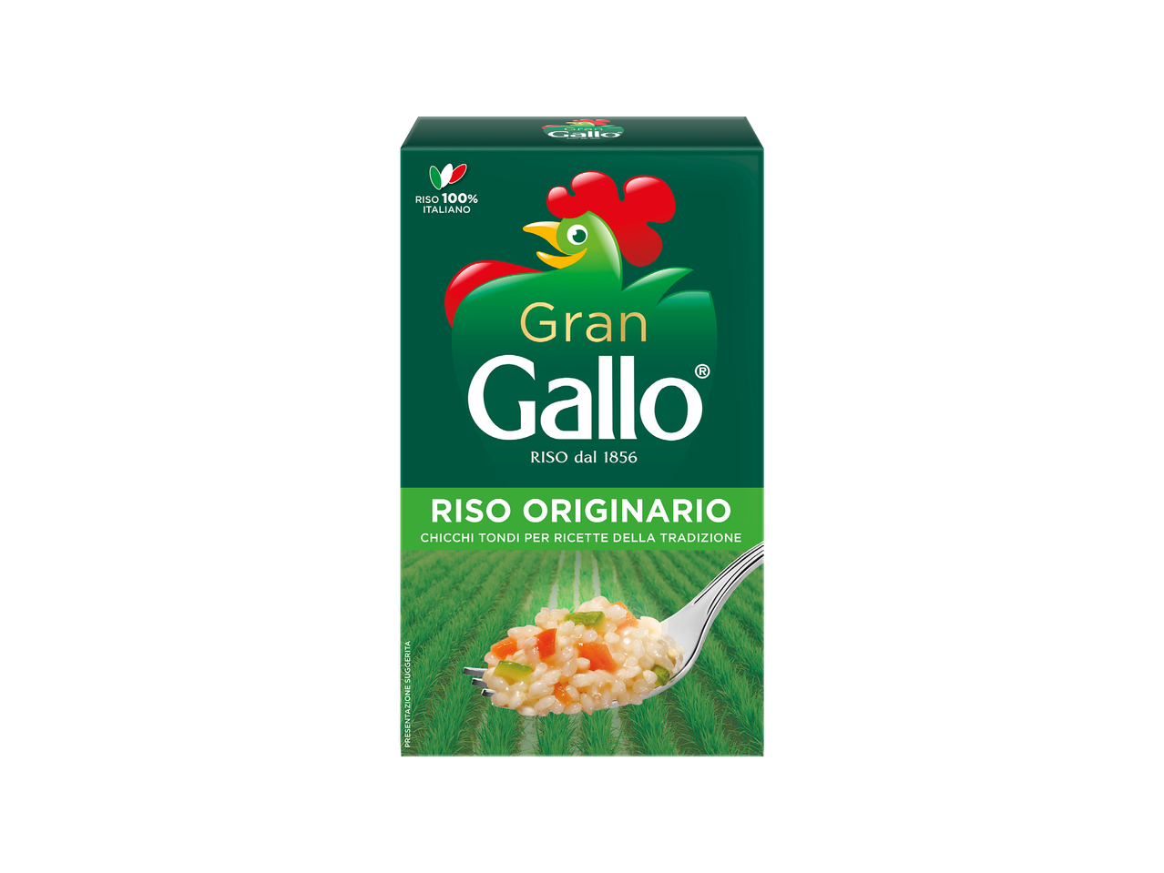 Gran Gallo riža Originario u zelenoj kutiji s logotipom pijetla i žlicom riže.
