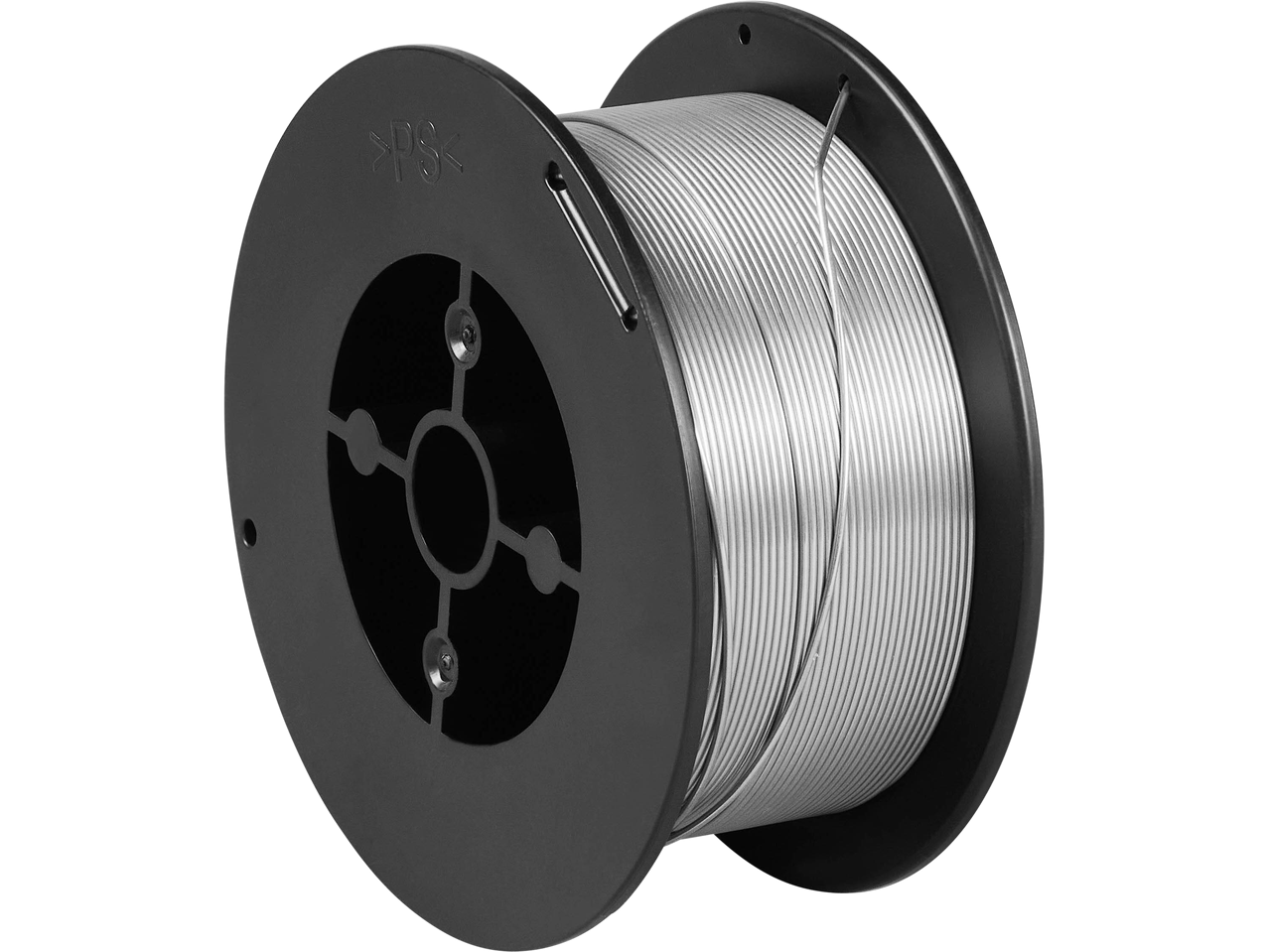 A spool of silver-colored welding wire on a black plastic reel.