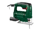 Green electric jigsaw with a black handle and a metal base, featuring a saw blade.