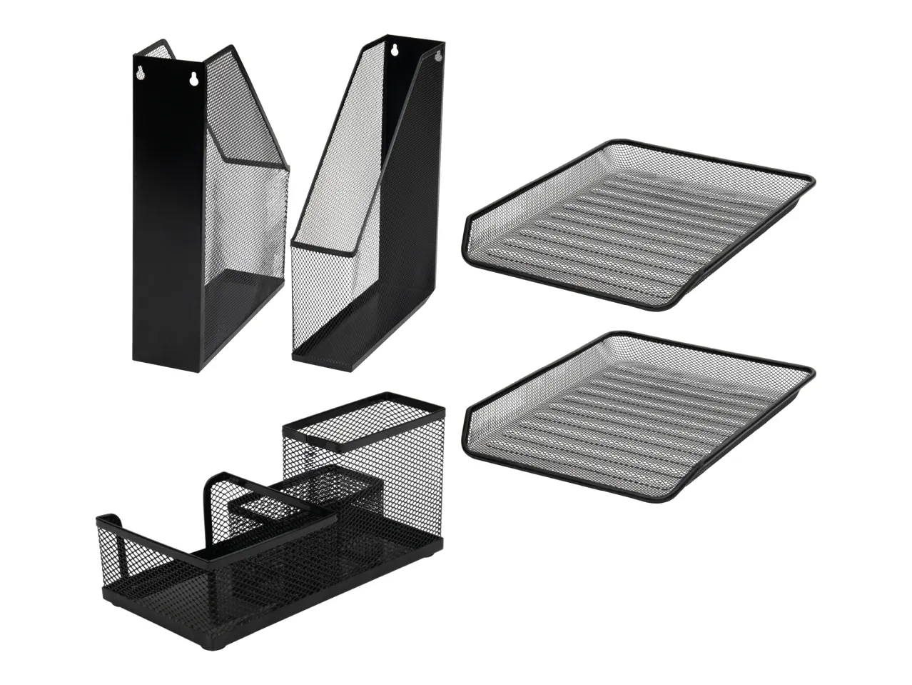 Schwarze Drahtgitter-Büroorganizer, darunter zwei Wandzeitschriftenhalter, zwei Ablagefächer und ein Schreibtisch-Organizer.