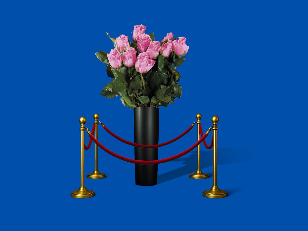 Un bouquet de roses roses dans un vase noir, entouré de poteaux dorés et de cordons rouges.