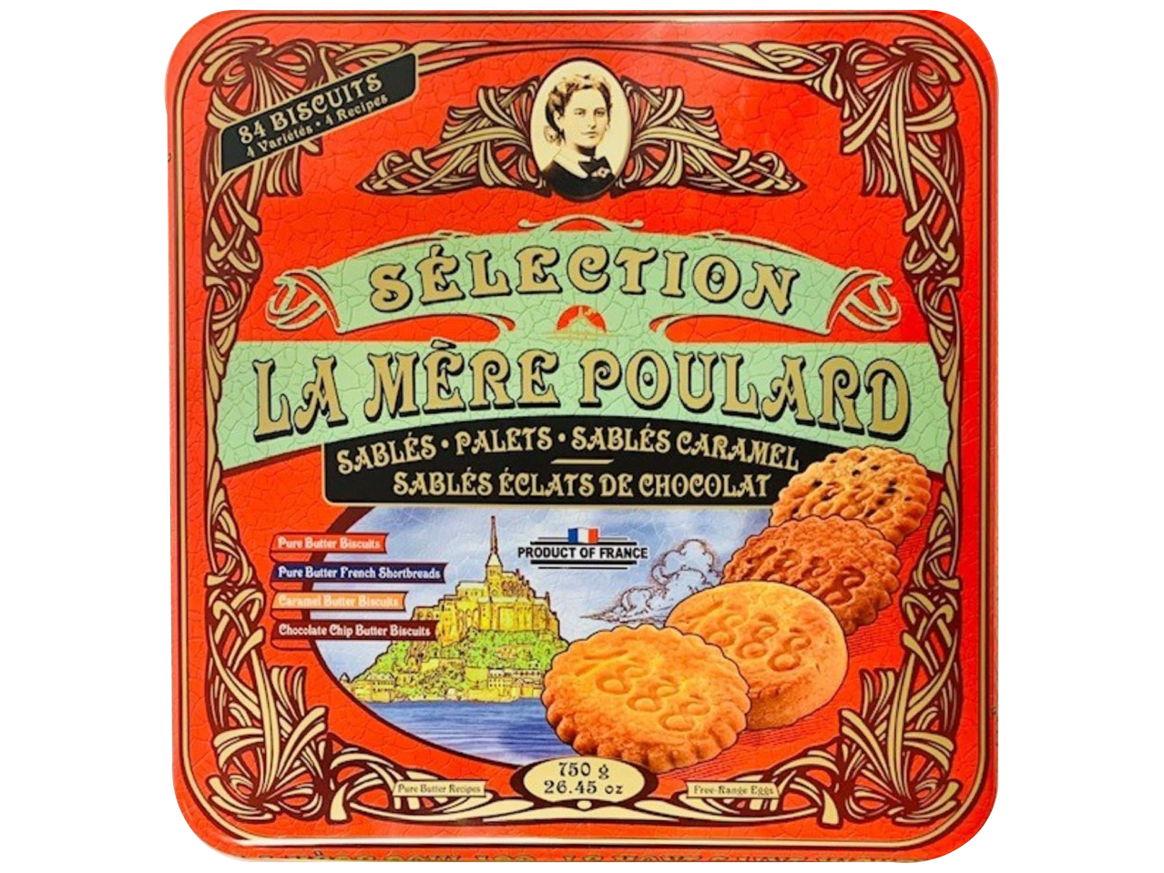 Boîte de biscuits assortis, avec des sablés, palets et sablés au caramel, sur fond rouge.