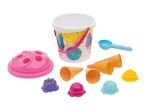 Colorful beach toy set with a bucket, shovel, ice cream cones, and sand molds.