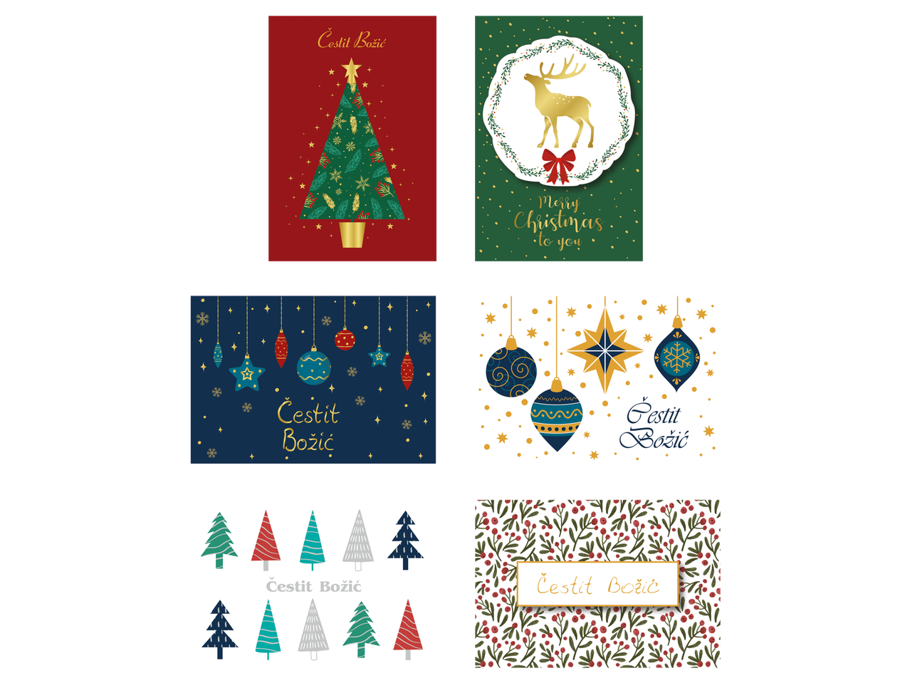 Set božićnih čestitki sa raznim motivima, uključujući jelke, irvase i ukrase.