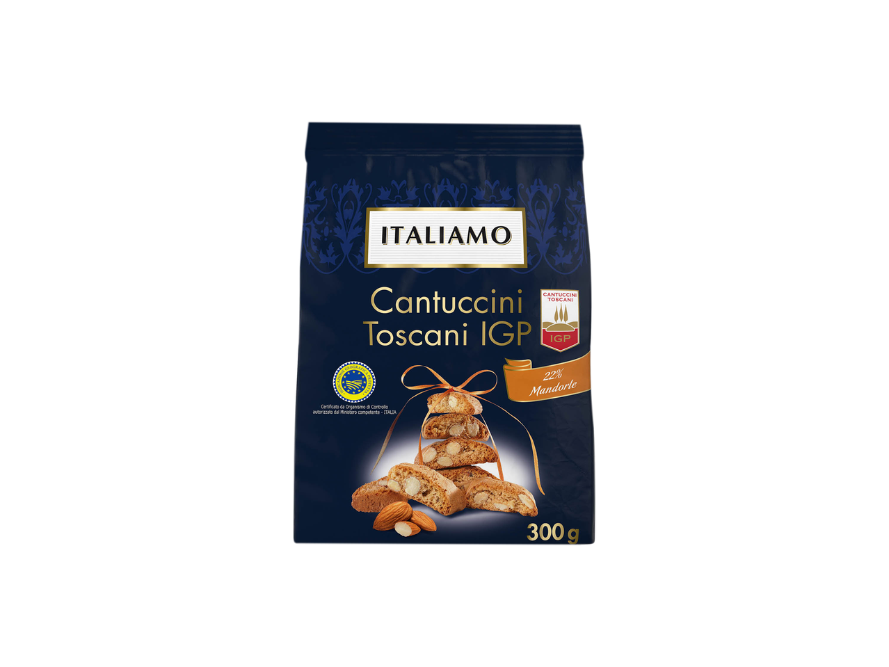 Confezione di Cantuccini Toscani IGP con mandorle, marchio Italiamo.