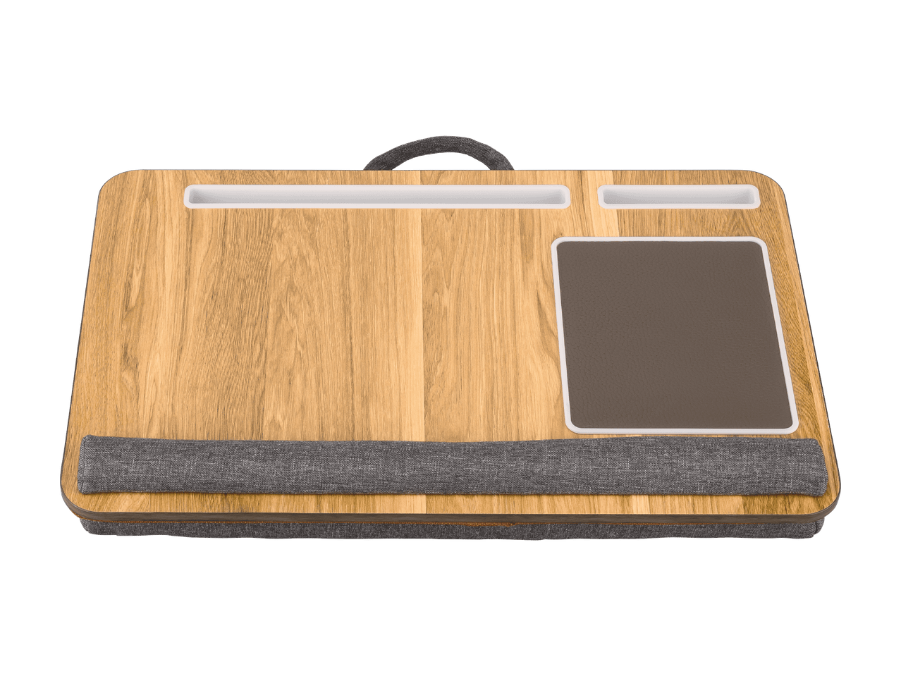 Kannettavan tietokoneen pöytä, jossa on puinen pinta, harmaa kangastyyny ja kantokahva.