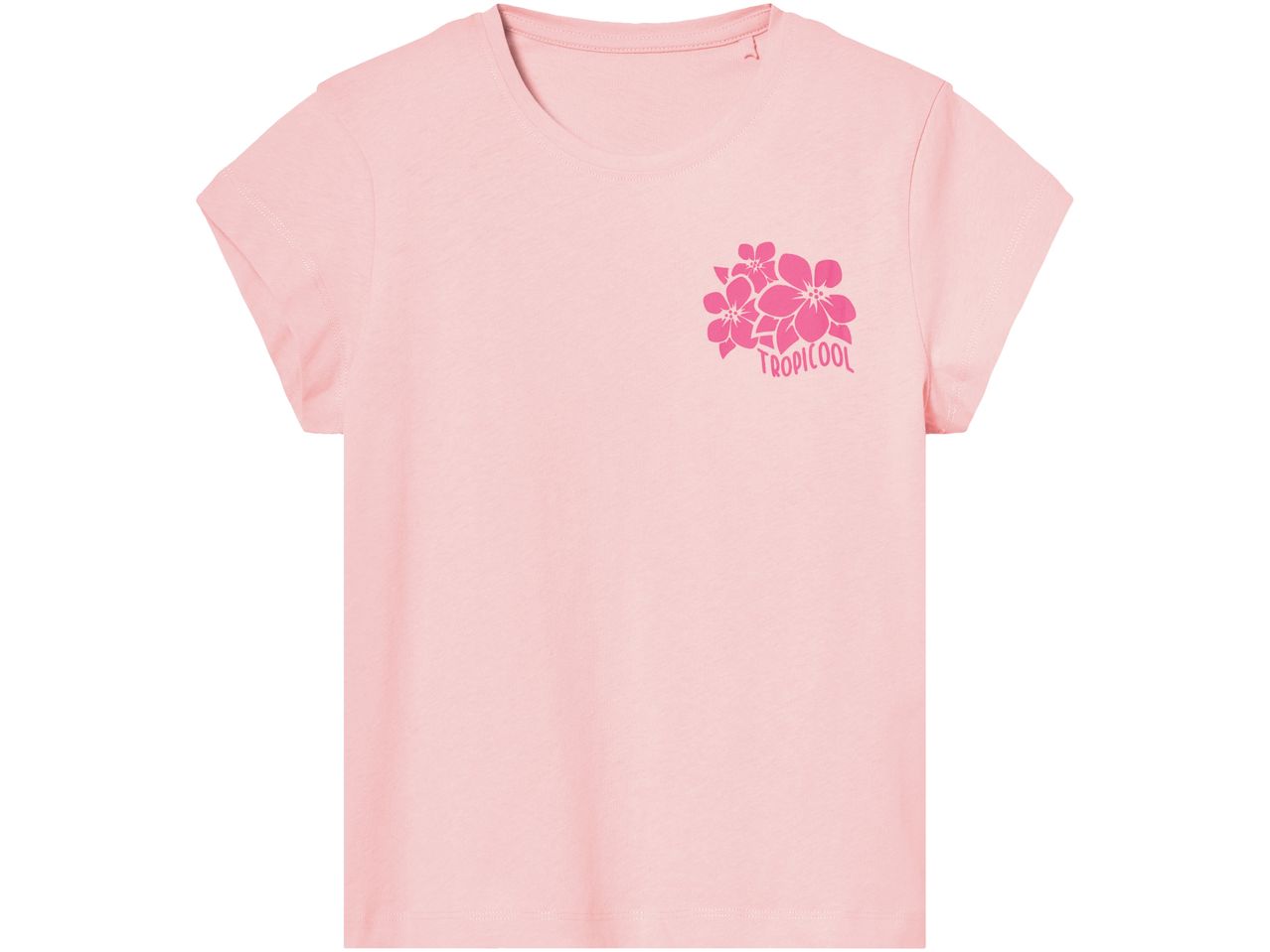Pink t-shirt with a floral graphic and 'TROPICOOL' text on the front.