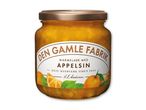 Marmeladeglas med appelsinmarmelade og etiket med teksten 'Den Gamle Fabrik Appelsin'.