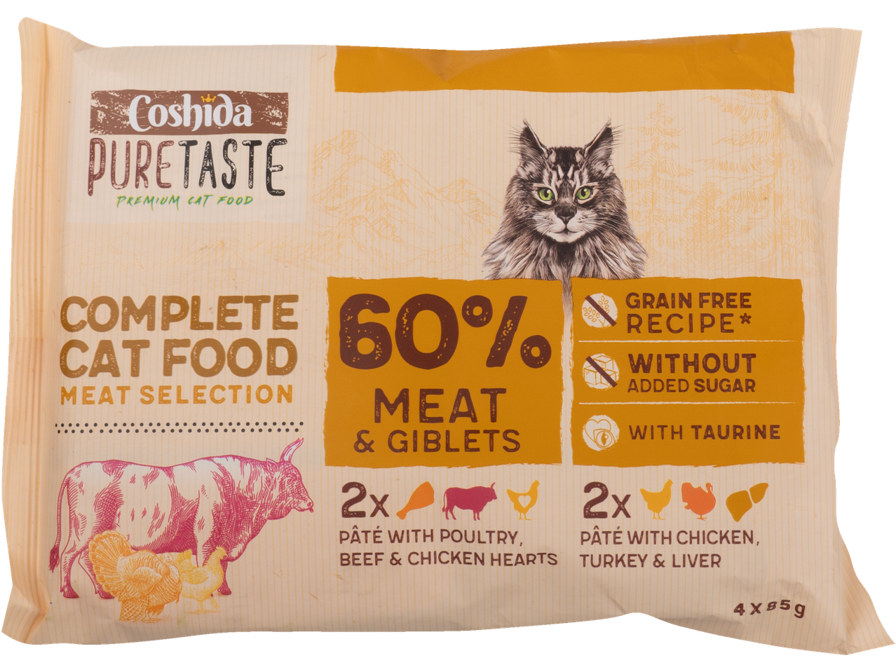 Mâncare pentru pisici Coshida PureTaste: 60% carne și organe, două pateuri.