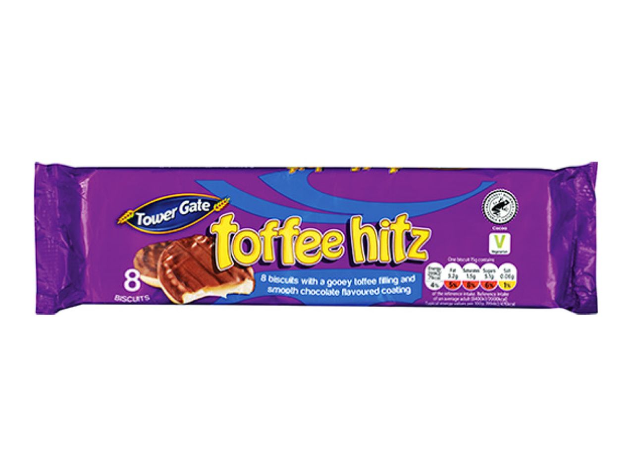 Purple package of toffee hitz biscuits with a gooey toffee filling and chocolate coating.