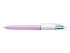 Pink multi-color ballpoint pen with white clip and light blue and green buttons