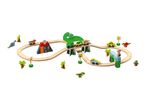Wooden dinosaur-themed train set with tracks, volcano, bridge, and various dinosaur figures.