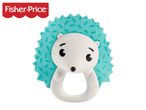 Hedgehog-shaped baby teether with a white face and a teal textured back.