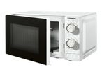 White microwave oven with an open door and manual control dials