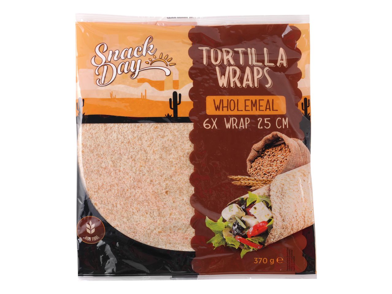 Paket polnozrnatih tortilj Snack Day s 6 kosi, 25 cm, 370 g.