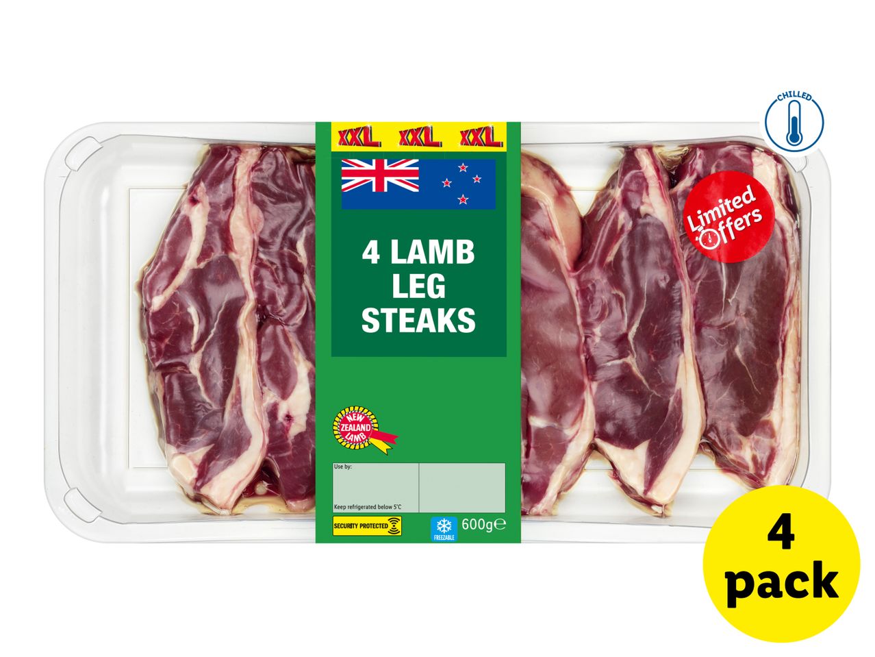 4 Lamb Leg Steaks, 600g, in a clear plastic tray with a green label indicating 'Limited Offers' and 'XXL' sizing.