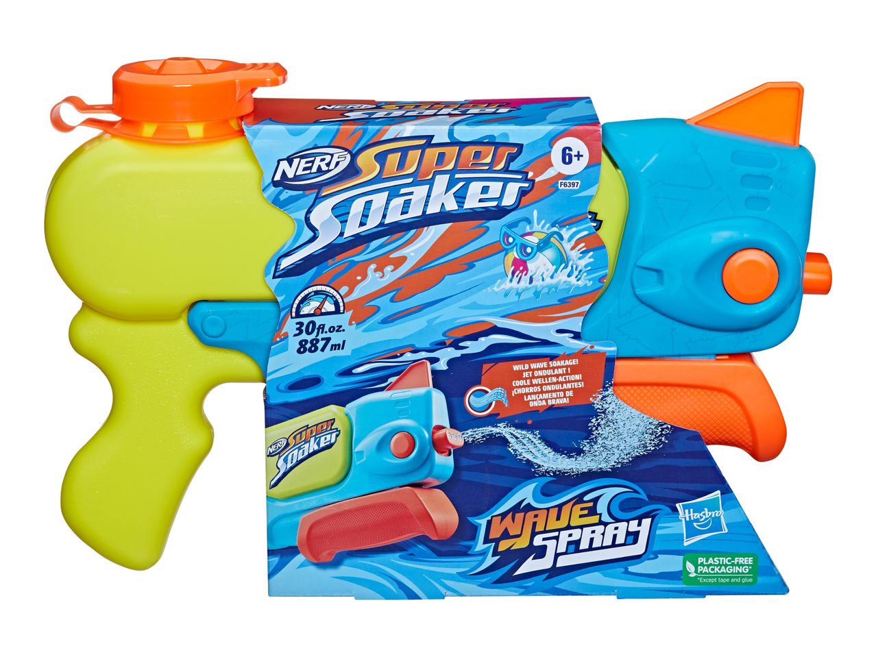 A green and blue water blaster in packaging, with text 'Super Soaker' and 'Wave Spray'.