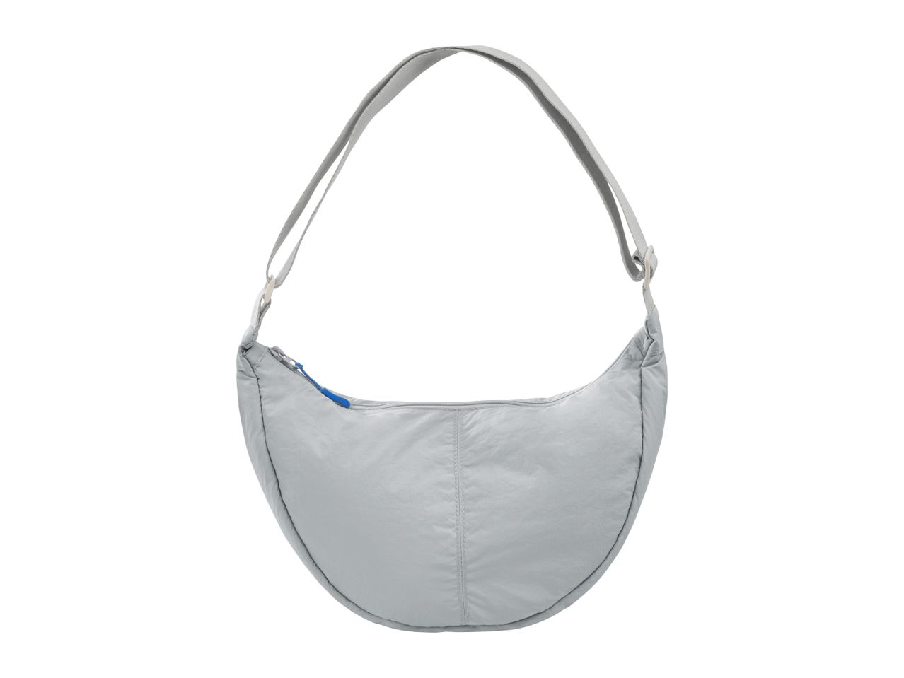 Light grey crescent-shaped shoulder bag with a blue zipper pull