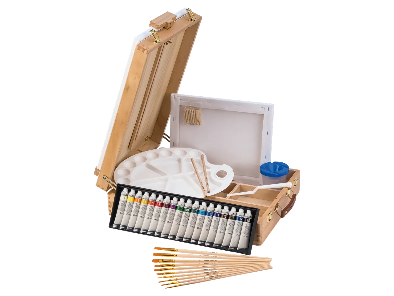 CRELANDO® meno rinkinys su molbertu, akriliniais dažais, teptukais ir palete.