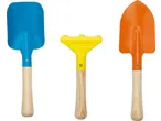 Lupilu® Kids' Garden Hand Tools: blue shovel, yellow rake, and orange spade.