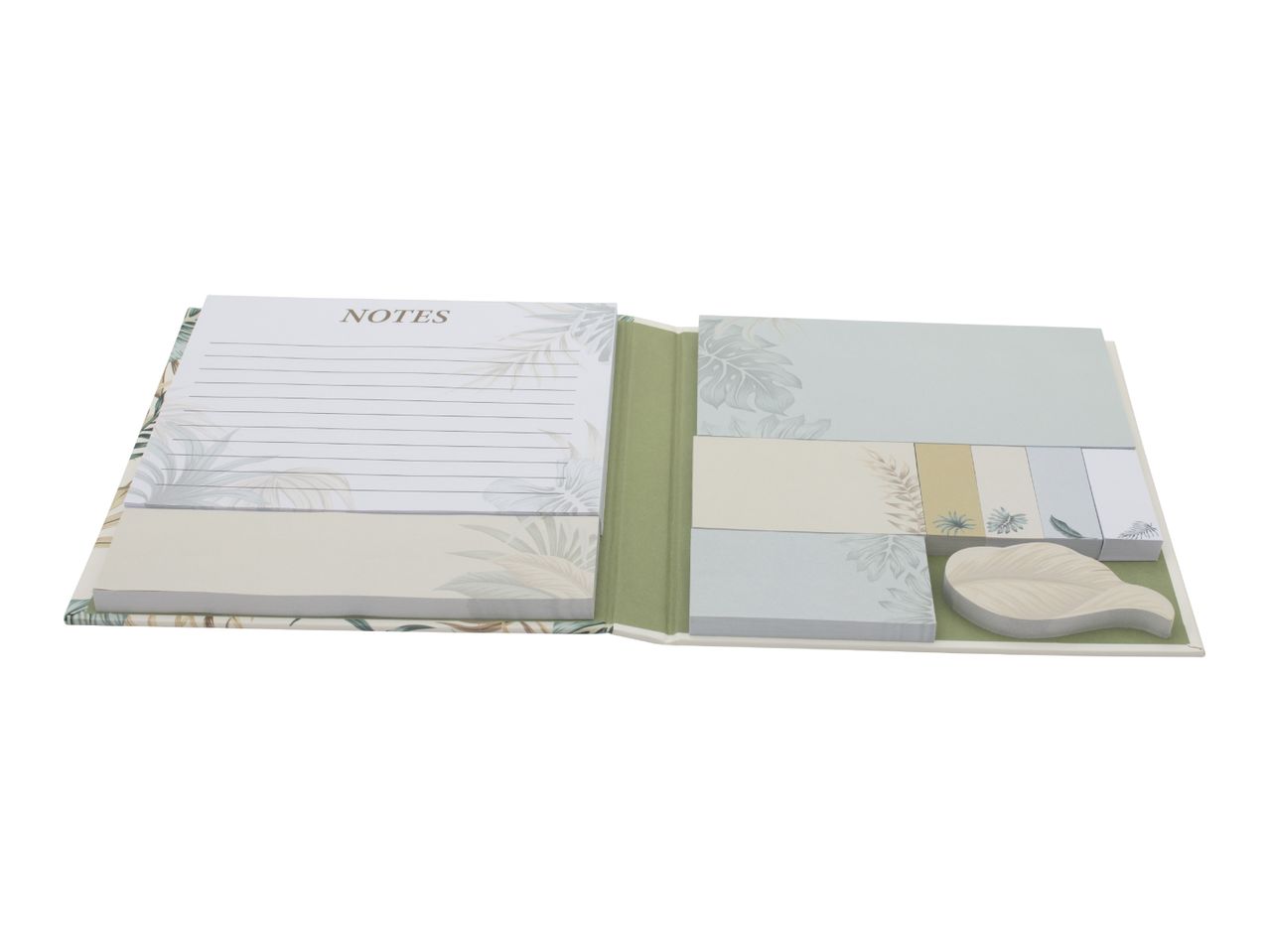 Tropical-themed stationery set with a lined notepad, sticky notes, and a leaf-shaped memo pad.