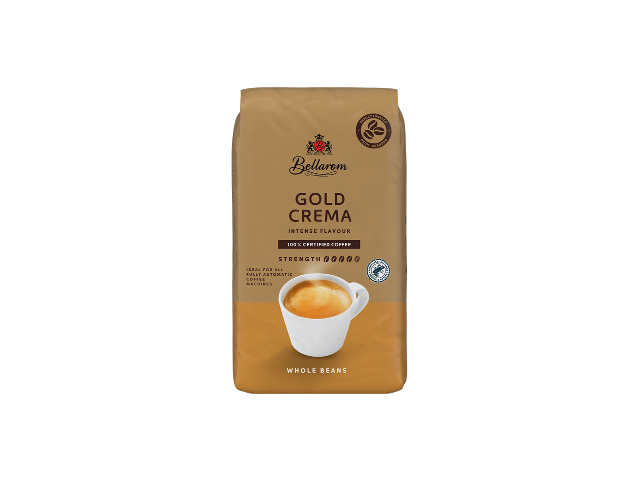 Cafea Bellarom Gold Crema: boabe întregi, aromă intensă.