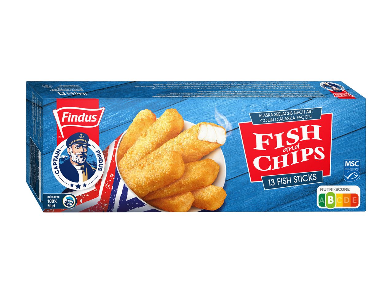 Findus Fischstäbchen: 13 knusprige Alaska-Seelachs-Stäbchen in der Verpackung.