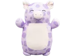 Purple spotted pig plush toy with closed eyes and a white belly.