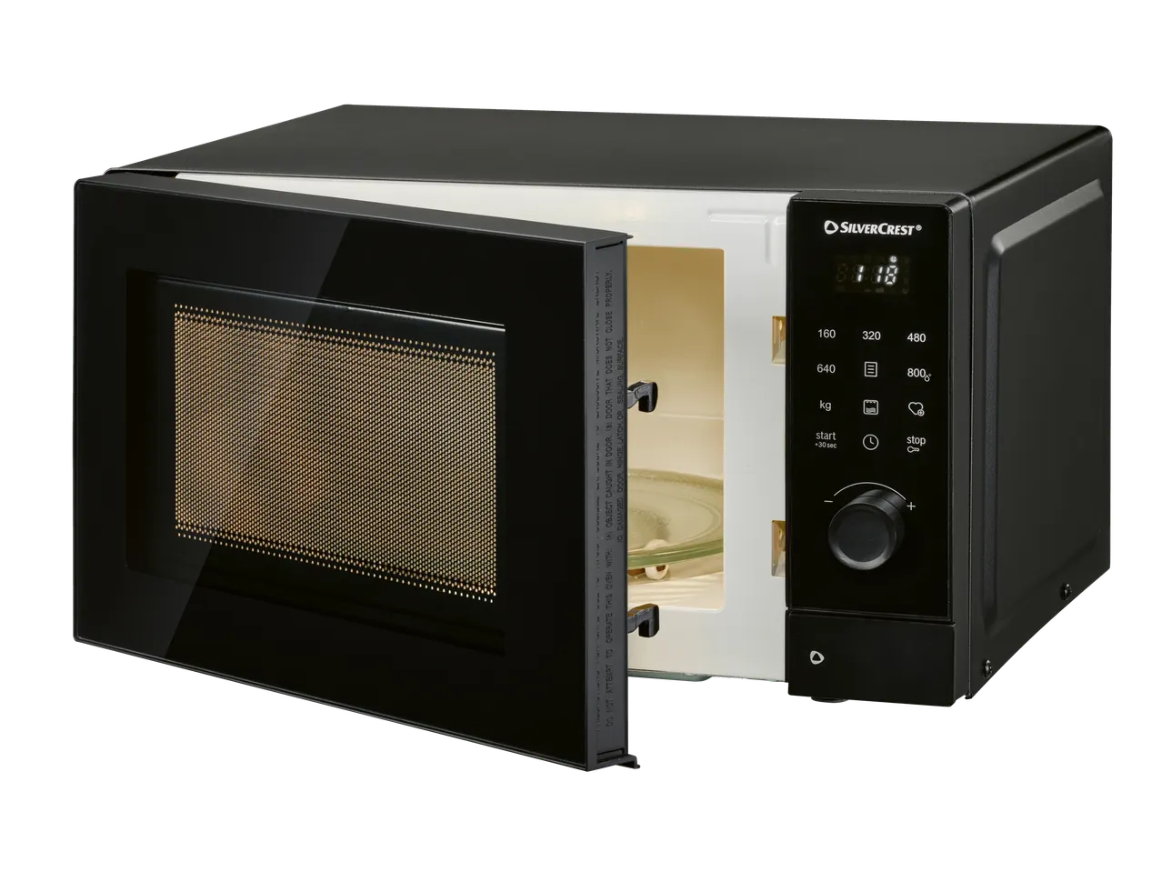 SILVERCREST® 800W Microwave with an open door, showing the interior and control panel.