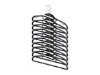 A stack of black and grey non-slip clothes hangers with metal hooks.