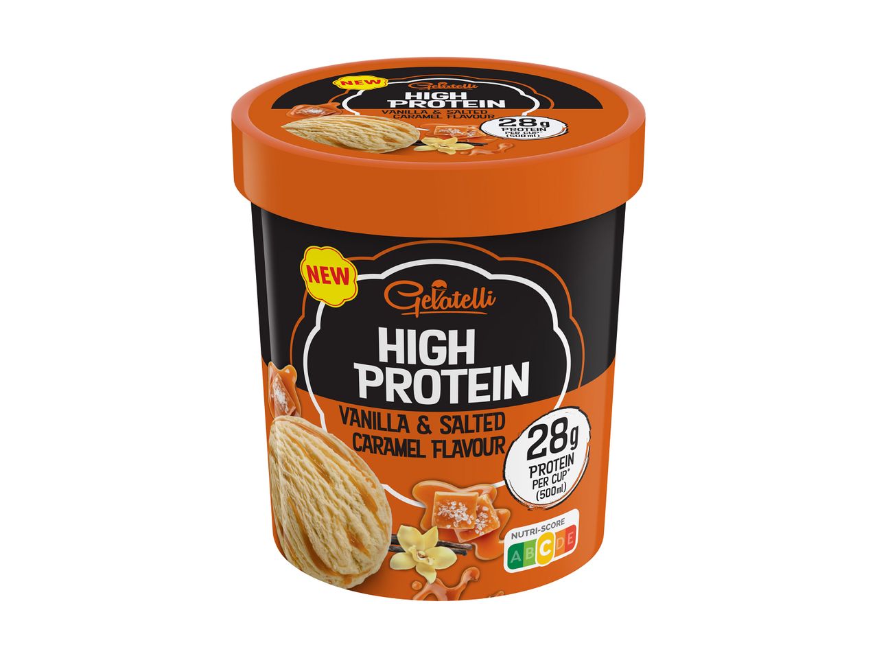 Κουτί παγωτού Gelatelli High Protein με γεύση βανίλια και αλατισμένη καραμέλα.