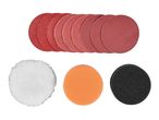 A set of red sanding discs, a white polishing bonnet, an orange foam pad, and a black foam pad.