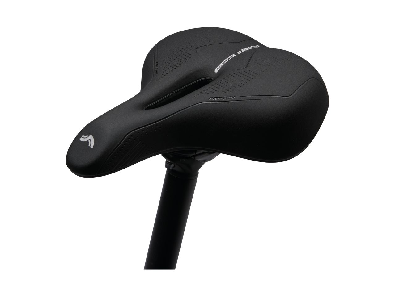 Black bicycle saddle with memory foam and an anti-vibration system, mounted on a seat post.