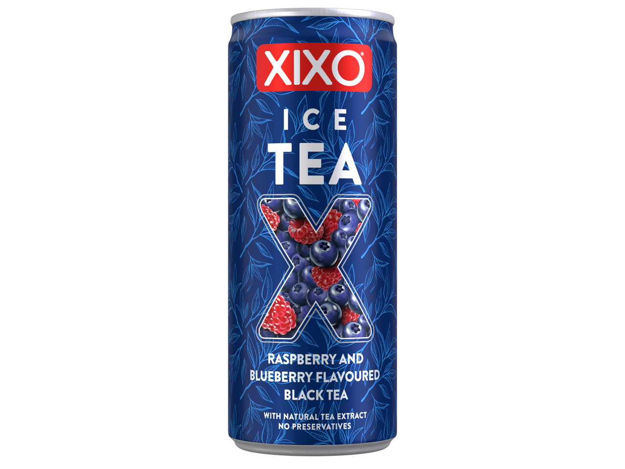 Кенче студен чай с вкус на малина и боровинка, с надпис „ICE TEA“ и „XIXO“.
