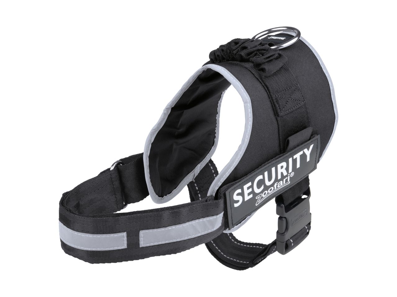 Black dog harness with reflective strips and a 'SECURITY' patch