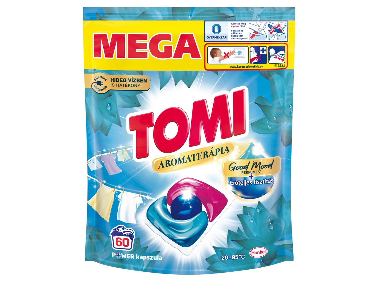 Tomi Mega aromaterápiás mosókapszulák, 60 darabos kiszerelésben.
