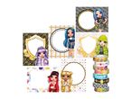A collection of doll-themed frames and decorative tapes with text like 'RAINBOW' and 'SPARKLE'.