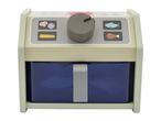 Toy air fryer with a blue basket and food icons for mushrooms, onion, pasta, fish, and chicken.