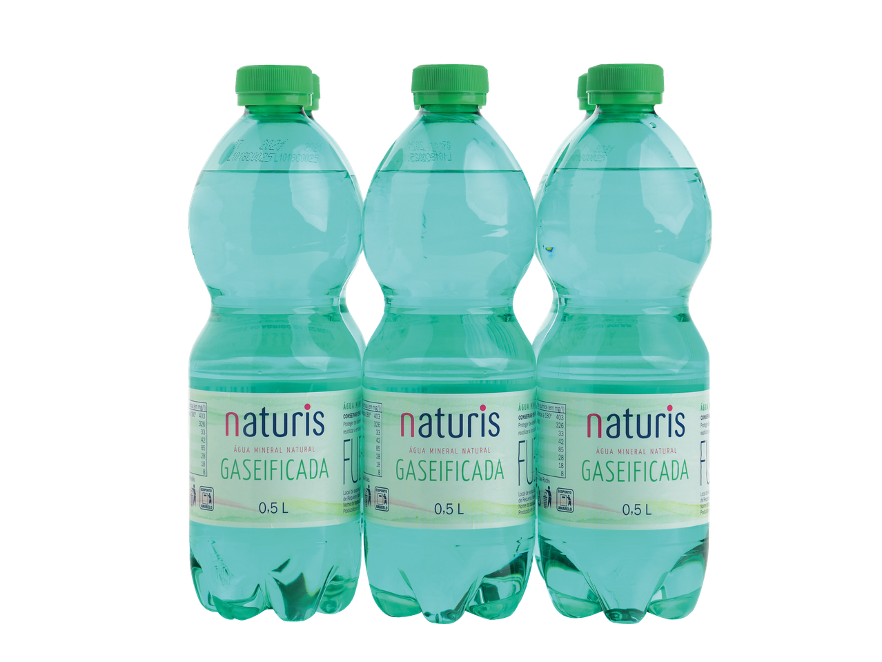 Três garrafas de 0,5L de água mineral natural com gás Naturis.