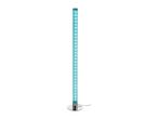 Tall, cylindrical floor lamp with blue LED lights and a chrome base on a white background.