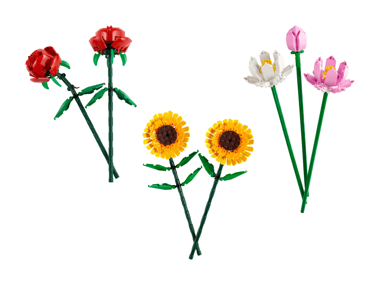 Trois bouquets de fleurs artificielles : roses rouges, tournesols jaunes et lotus roses et blancs.