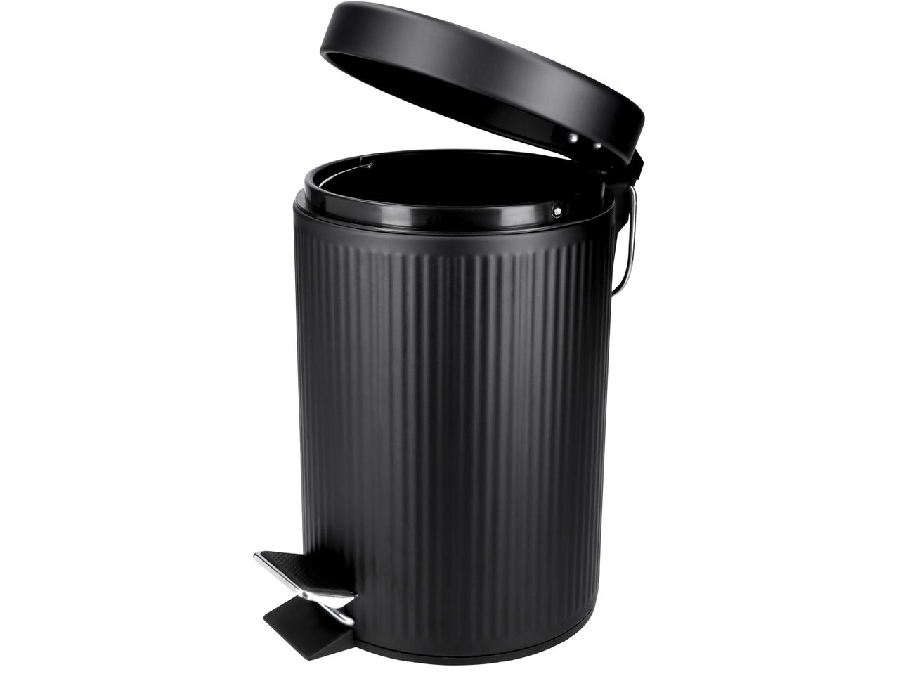 Черна кръгла кофа за боклук с педал и оребрена текстура, с отворен капак