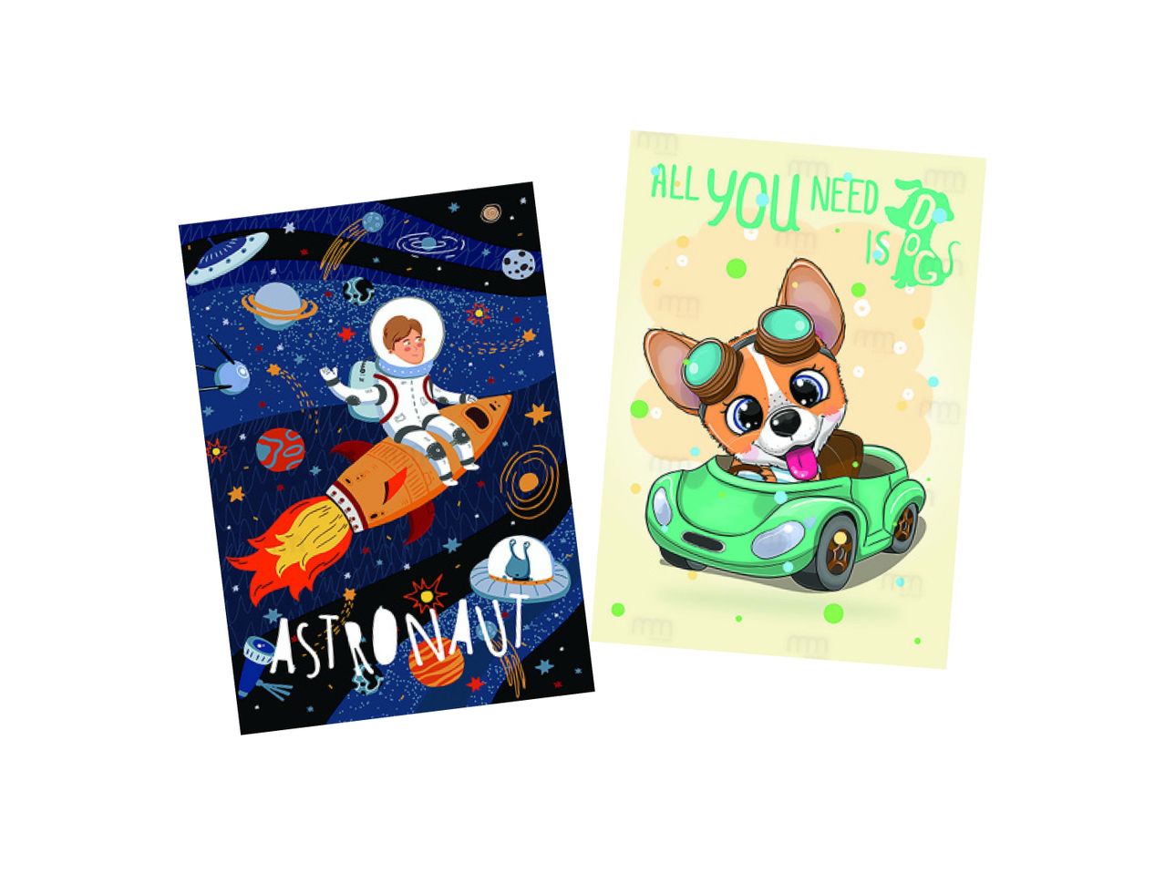 Dve razglednice sa crtanim likovima: astronaut u svemiru i ker koji vozi auto.