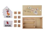Wooden spelling game with letter blocks, picture cards, and a storage box.