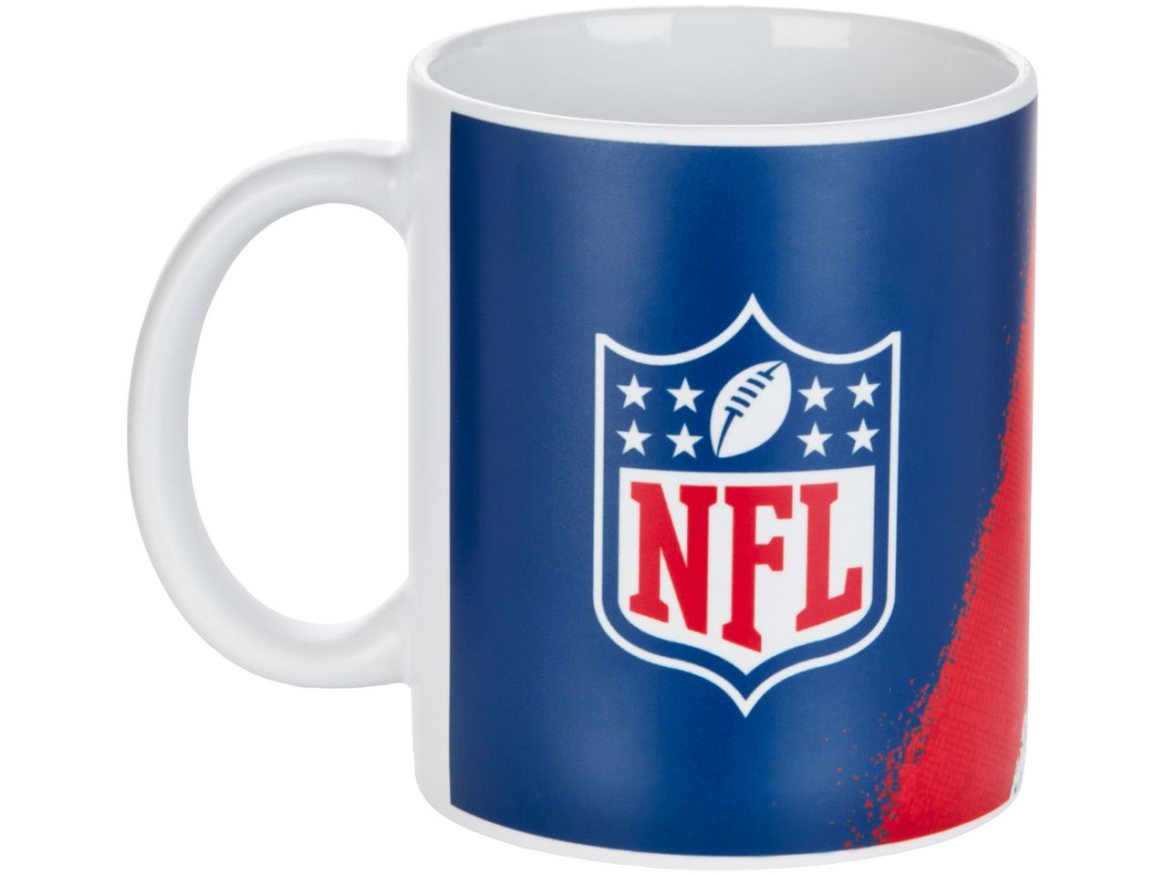 NFL-themed coffee mug with a blue and red design.