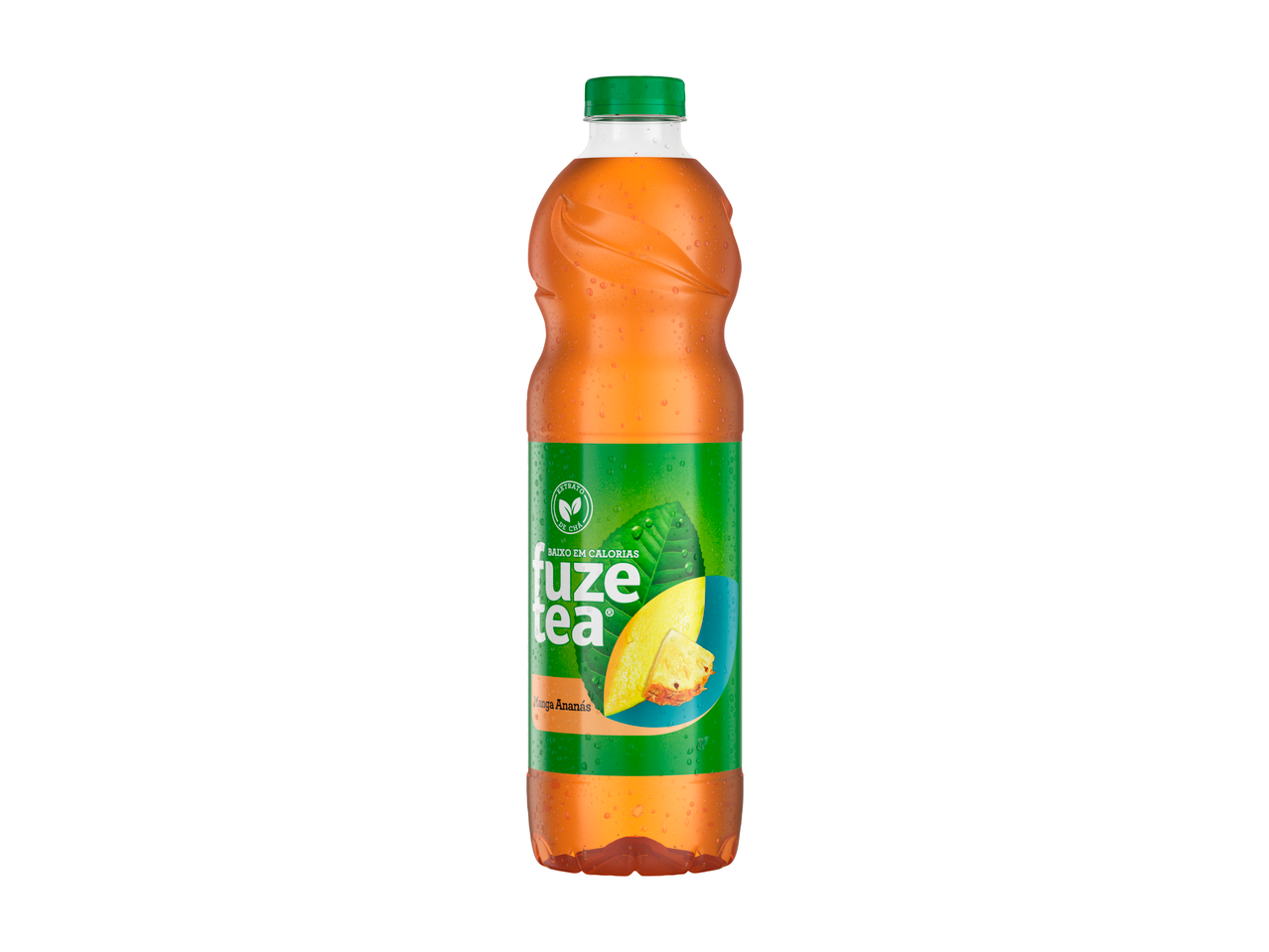 Garrafa de Fuze Tea Manga Ananás com rótulo e tampa verdes