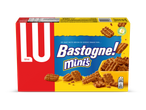Een verpakking mini-speculaaskoekjes met een afbeelding van de koekjes in een schaaltje.