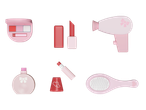 Conjunto de acessórios de beleza de brinquedo Playtive rosa, incluindo paleta, batom, secador de cabelo, perfume, brilho labial e escova.