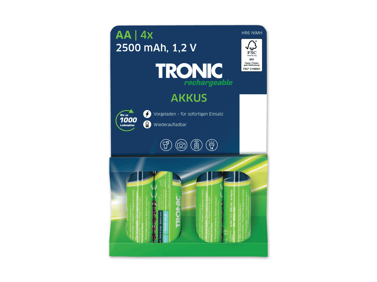 Zwei TRONIC Akku-Batterien (AA, 2500 mAh, 1,2 V) in der Verpackung.
