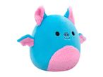 A cute blue and pink bat plush toy.